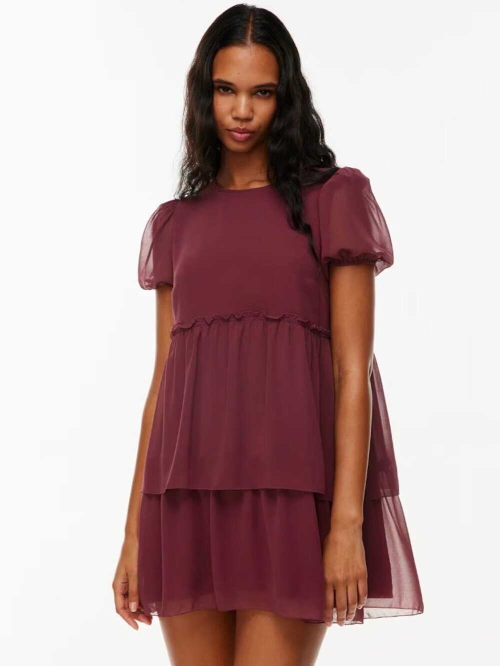 Aritzia Sunday Best Thumbelina Dress Short Sleeve Chiffon Spiced Burgundy XXS